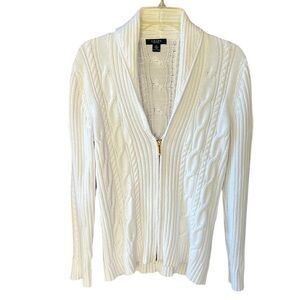 Chaps XL100% Cotton White Zipper Front Fisherman Chunky Cable Knit Sweater Shawl